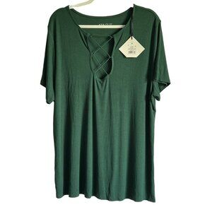 Ava & Viv Green Ribbed Short Sleeve PlusSize Top With Crisscross Neckline 3X NWT